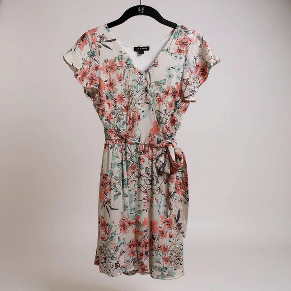 As U Wish Dresses & Skirts - AS U WISH White & Pink Floral Faux Wrap Dress Size S